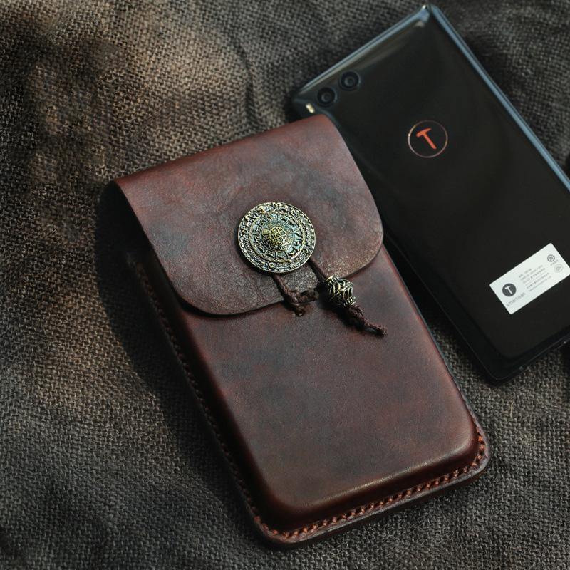 Cool Handmade Coffee Leather Mens Holster 6" Cellphone case phone pocket With Belt Loop For Men - iwalletsmen