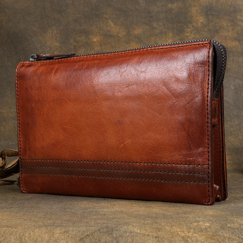 Handmade Brown Leather Mens Long Wallet Wristlet Wallet Brown Zipper Clutch Wallet for Men - iwalletsmen