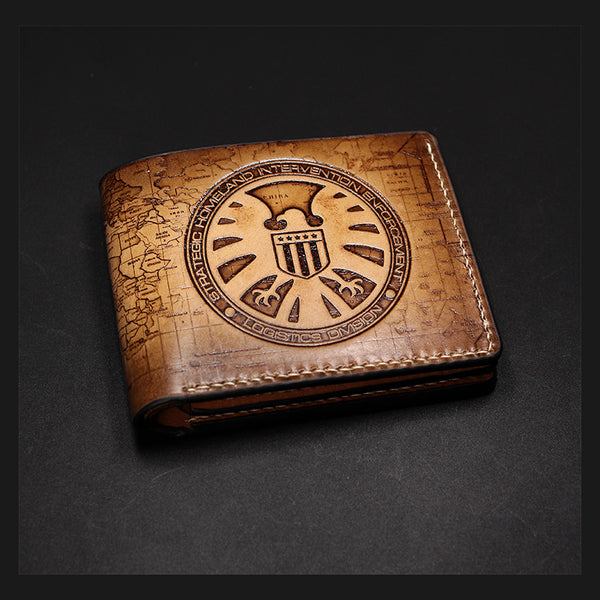 Handmade Leather Tooled Agents of S.H.I.E.L.D. Mens billfold Wallet Cool Leather Wallet Slim Wallet for Men