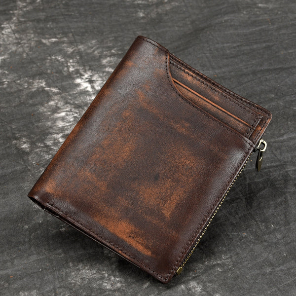 Brown MENS LEATHER Bifold Wallet Short Wallet Card Wallet Dark Brown Coin Wallet FOR MEN - iwalletsmen