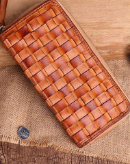 Cool Tan Mens Leather Long Wallet Braided Zipper Long Wallet for Men - iwalletsmen