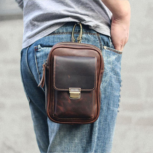 Black Vintage Leather Mens Mini Messenger Bag Waist Bag Dark Brown Belt Pouch Bag For Men - iwalletsmen