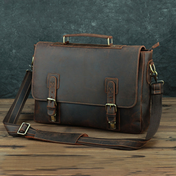 Vintage Brown Leather Mens 15 inches Laptop Work Bag Handbag Briefcase Shoulder Bags Business Bags For Men - iwalletsmen