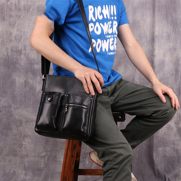 Casual Black LEATHER MENS 8 inches Vertical Messenger bag Black SIDE BAG Shoulder Bag Courier BAG FOR MEN - iwalletsmen