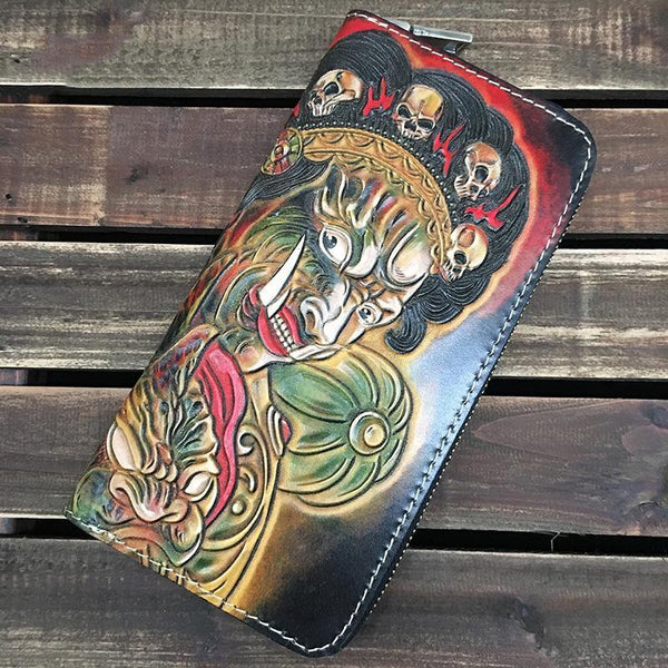 Handmade Black Mahākāla Wolf Tooled Leather Long Wallet Clutch Zipper Wallet For Men - iwalletsmen