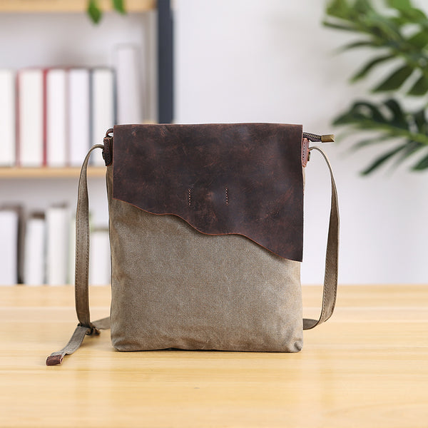 Leather Canvas Mens 12" Side Bag Vertical Courier Bag Gray Postman Bag Messenger Bag for Men - iwalletsmen