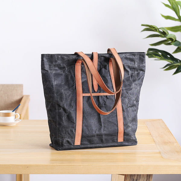 Waxed Leather Mens Womens Black 14'' Waterproof Tote Bag Handbag Tote Bag Shoulder Bag Tote Purse For Men - iwalletsmen