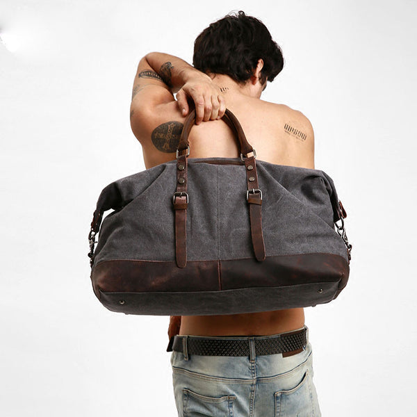 Gray Mens Leather Canvas Large Weekender Bag Canvas Travel Bag for Men - iwalletsmen