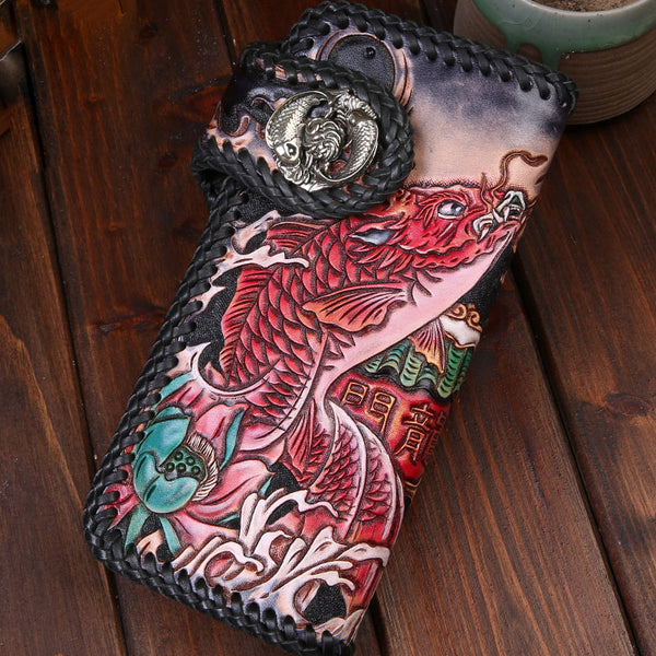 Handmade Leather Carp Mens Chain Biker Wallet Cool Leather Wallet With Chain Wallets for Men
