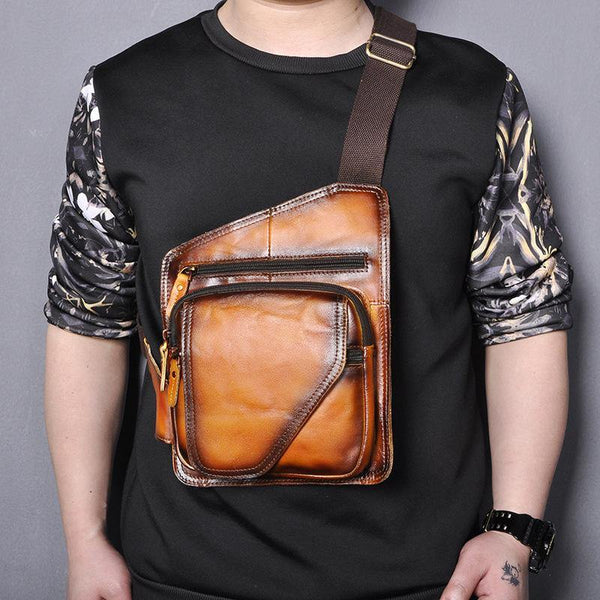 Badass Leather Sling Bag Men's Small Sling Pack Tan Sling Backpack Small Courier Bag For Men - iwalletsmen