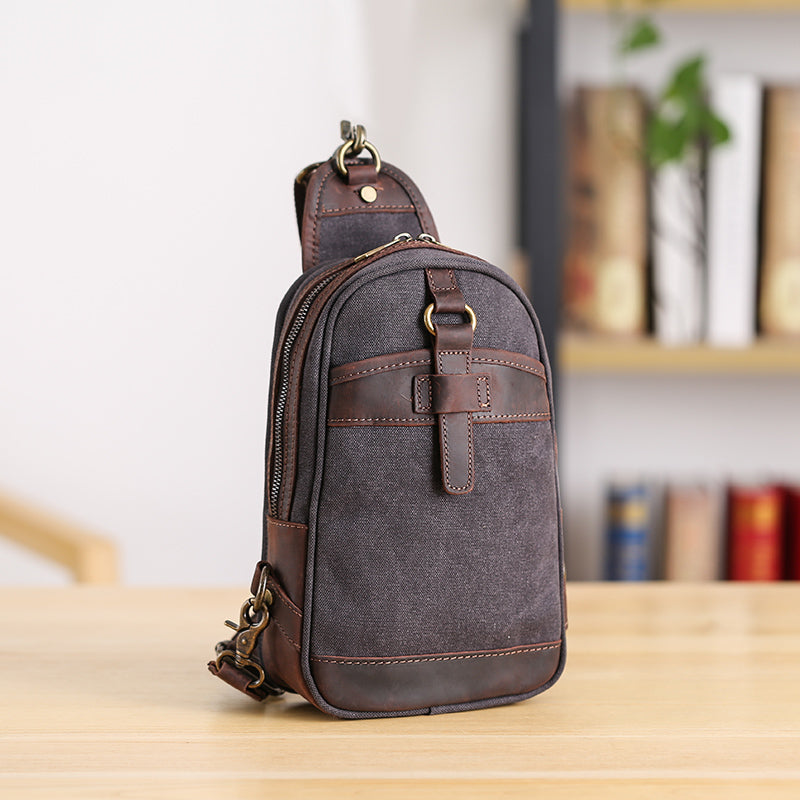 Canvas Leather Mens Sling Bag Green Chest Bag One Shoulder Backpack for Men - iwalletsmen