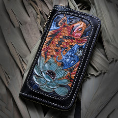 Handmade Leather Carp Mens Chain Biker Wallet Cool Leather Wallet Long Phone Wallets for Men