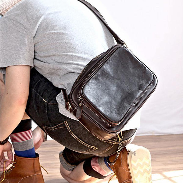 Black Leather Mens Casual Small Courier Bags Messenger Bag Dark Coffee Postman Bags For Men - iwalletsmen