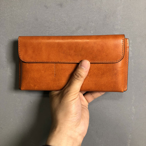 Handmade Leather Mens Cool Wallet Long Leather Wallet Clutch Wristlet Wallet for Men Women