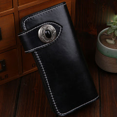 Handmade Leather Mens Cool Black Obsidian Chain Wallet Biker Trucker Wallet with Chain