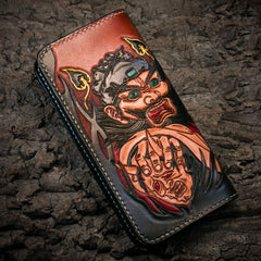 Handmade Leather Mens Clutch Wallet Tooled Cool Zhong Kui Wallet Long Zipper Wallets for Men
