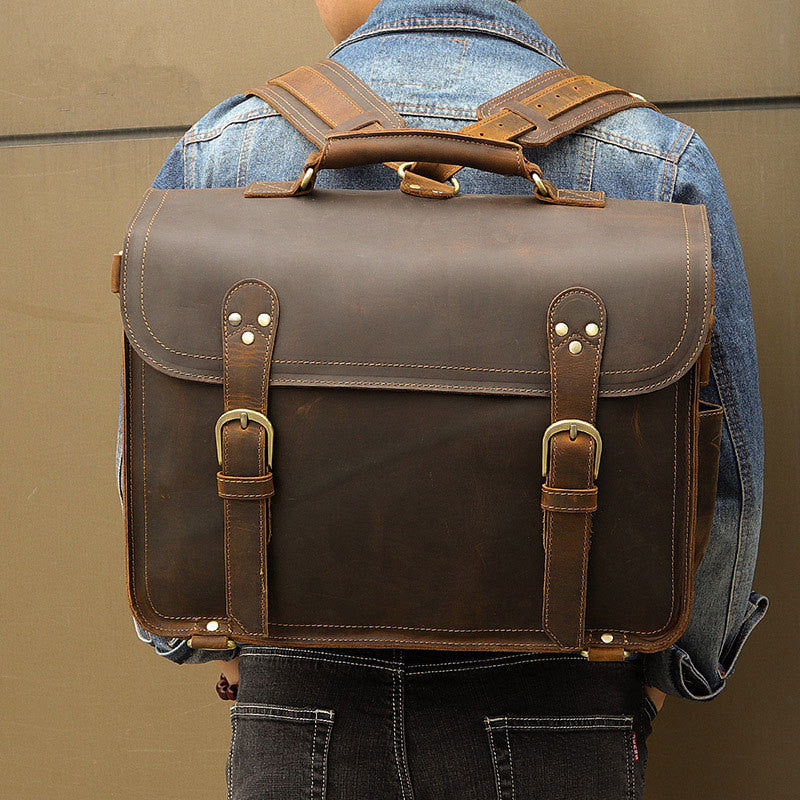 Cool Brown Leather Men's Large 16‘’ Briefcase Business Backpack Travel Handbag For Men - iwalletsmen