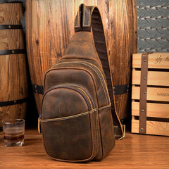 Cool Dark Brown Leather Mens Crossbody Pack Sling Bags Brown One Shoulder Pack Chest Bag for men - iwalletsmen