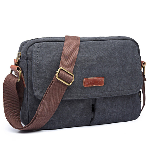 Cool Canvas Leather Mens Small Black Tablet Bag Shoulder Bag Gray Side Bag Messenger Bag for Men - iwalletsmen