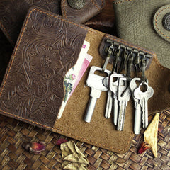 Handmade Leather Floral Mens Cool Key Wallet Wallet Card Holder Small Card Keychain Wallets for Men