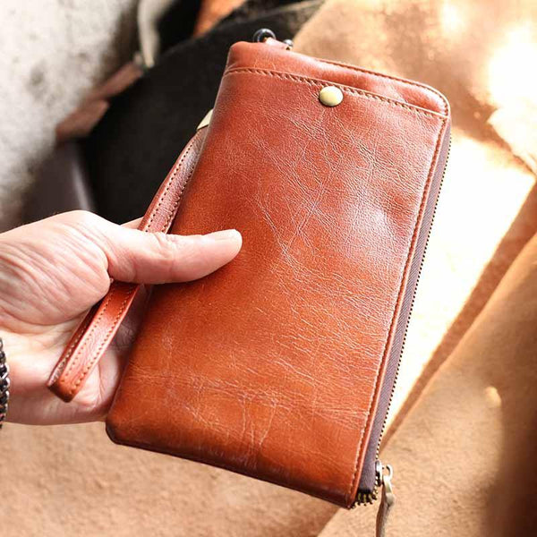Black Leather Mens Long Wallet Zipper Clutch Wallet Brown Wristlet Long Wallet For Men - iwalletsmen