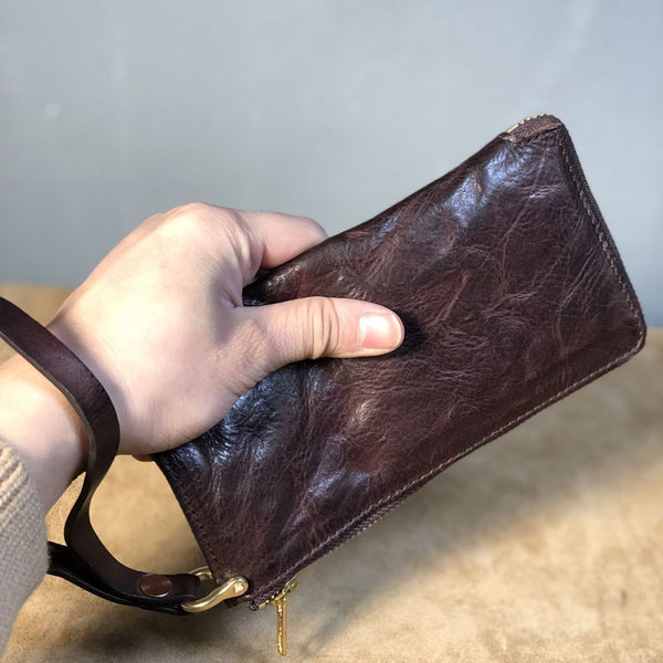 Handmade Genuine Leather Mens Cool Biker Chain Wallet Long Leather Wallet Slim Clutch Wristlet Wallet for Men