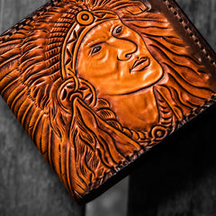 Handmade Leather Indian Chief Tooled Mens billfold Wallet Cool Leather Wallet Slim Wallet for Men
