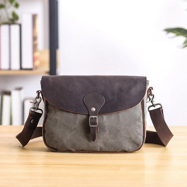 Waxed Canvas Leather Mens 10'' Khaki Side Bag Shoulder Bag Messenger Bag for Men - iwalletsmen
