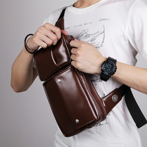Cool PU Leather Men's Brown One Shoulder Backpack Black Chest Bag Sling Bag For Men - iwalletsmen