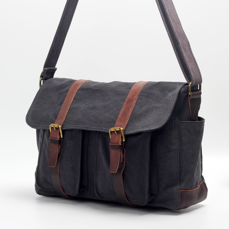 Canvas Mens Side Bag 15'' Black Large Courier Bag Postman Bag Messenger Bag for Men - iwalletsmen