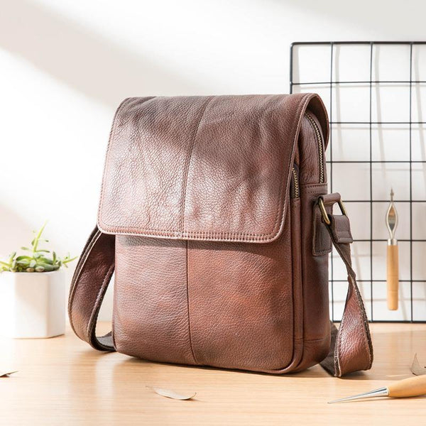 Casual Leather Mens 8 inches Vertical Side Bag Brown Messenger Bags Postman Bag for Men - iwalletsmen