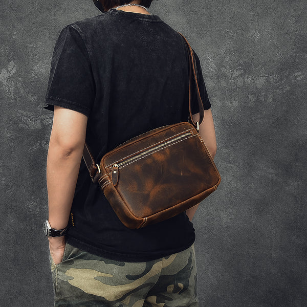 Vintage Leather Mens 8' Brown Saddle Side Bag Messenger Bag Small Postman Bag For Men - iwalletsmen