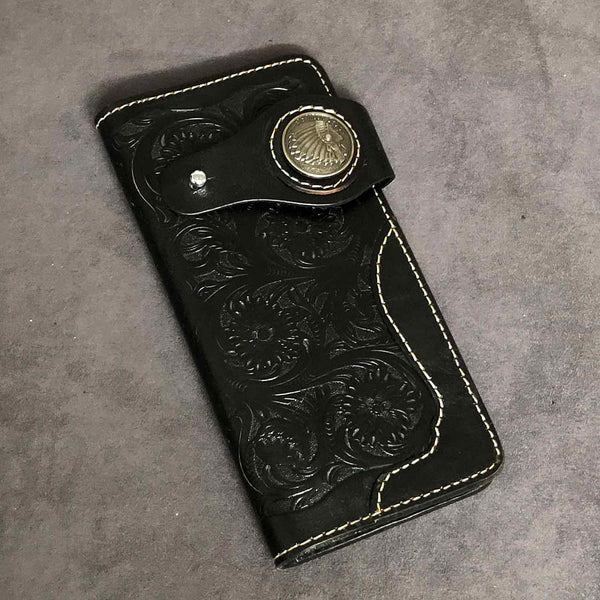 Badass Black Handmade Leather Men's Long Biker Wallet Bifold Tooled Long Wallet For Men - iwalletsmen