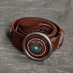 Badass Mens Brown Leather Tooled Rivet Rock Punk Belt Motorcycle Belt Leather Belt For Men - iwalletsmen