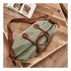 Vintage Mens Green Leather Canvas Large Weekender Bag Canvas Travel Shoulder Bag Large Duffle Bags for Men - iwalletsmen