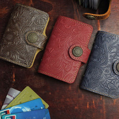 Handmade Leather Floral Mens Cool billfold Wallet Card Holder Small Card Slim Wallets for Men