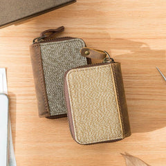 Gray Canvas Leather Mens Light Brown Small Wallets Zipper Bifold Card Wallet Coin Purse for Men - iwalletsmen