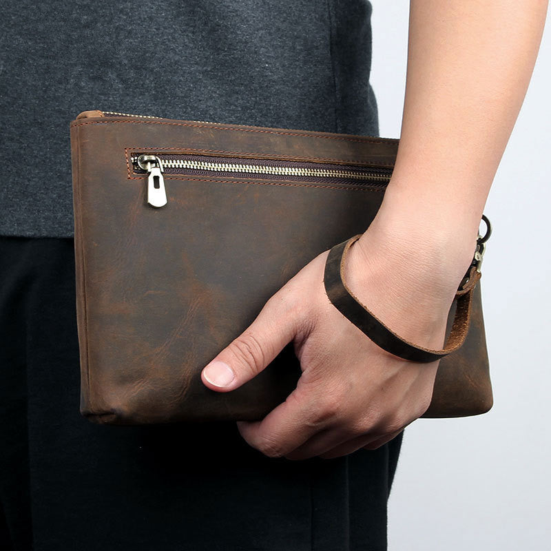Dark Brown Leather Mens Large Business Wristlet Wallet Bag Zipper Clutch Wallet For Men - iwalletsmen