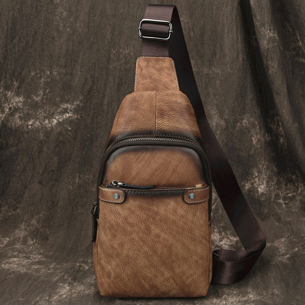 Vintage Brown LEATHER MENS One Shoulder Backpack Cool Chest Bag SLing Bag For Men - iwalletsmen