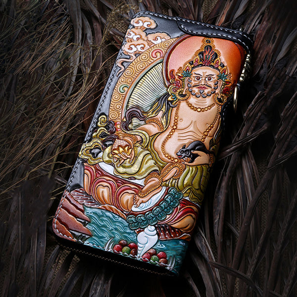 Handmade Leather Tooled Yellow Jambhala Mens Chain Biker Wallet Cool Leather Wallet Zipper Long Phone Wallets for Men