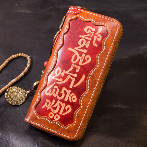 Handmade Leather Tooled Mens Chain Biker Wallet Cool Leather Wallet Long Phone Wallets for Men