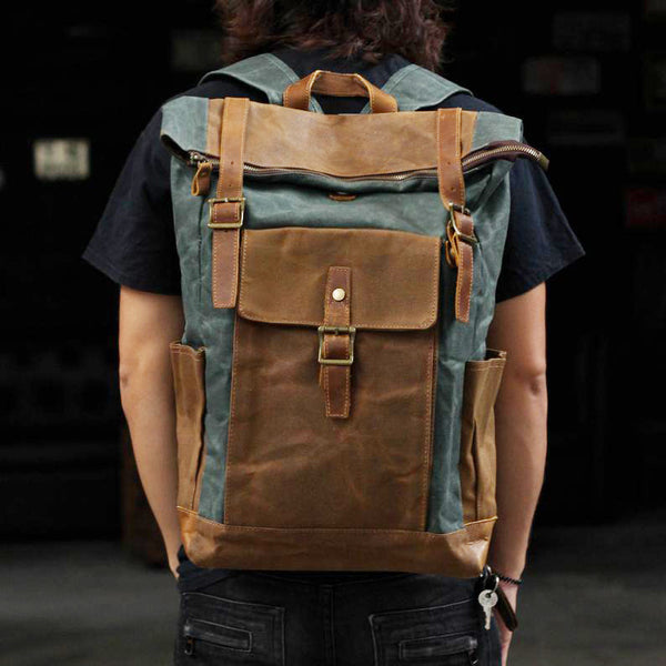 Cool Waxed Canvas Mens Waterproof Green Travel Backpack 15'' Gray Computer Backpack Hiking Backpack for Men - iwalletsmen