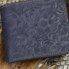 Handmade Leather Floral Mens Cool Slim Leather Wallet Men billfold Wallets Bifold for Men