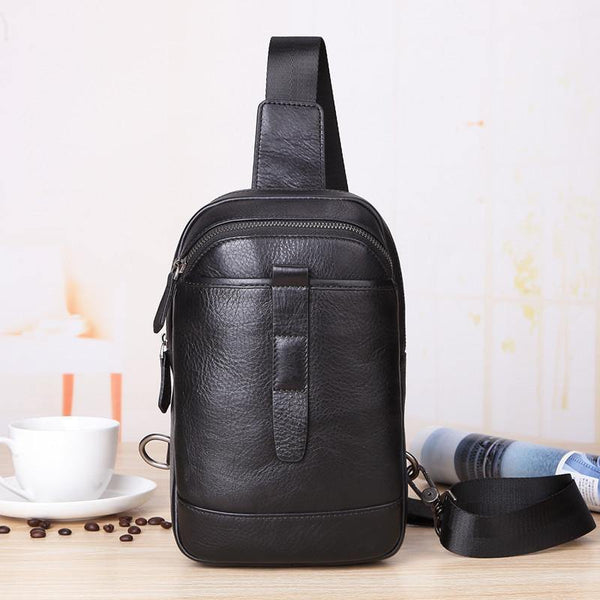 Badass Black Leather Men's 8-inch Trendy Sling Bag Chest Bag One shoulder Backpack Sports Bag For Men - iwalletsmen