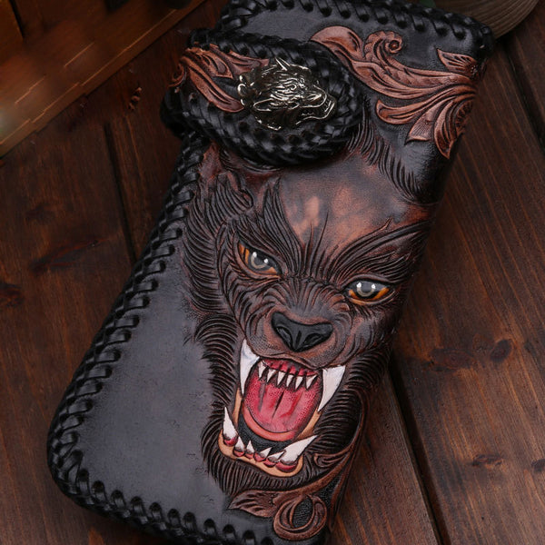 Handmade Leather Wolf Mens Chain Biker Wallet Cool Leather Wallet Long Phone Wallets for Men