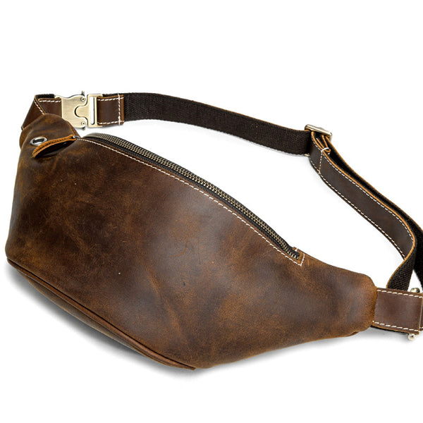 Vintage Brown Leather Fanny Pack Men's Chest Bag Hip Bag Brown Waist Bag For Men - iwalletsmen