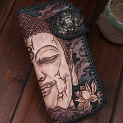 Handmade Leather Mens Cool Black Buddha Chain Wallet Biker Trucker Wallet with Chain
