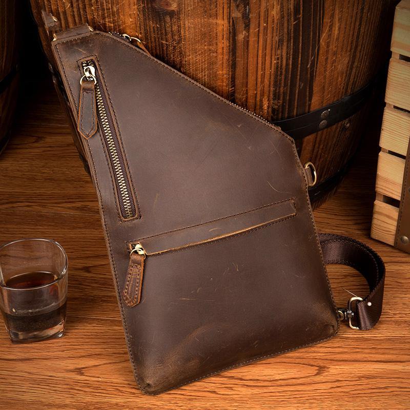Cool Brown Leather Mens Sling Bag Crossbody Pack Messenger Bag Chest Bag for men - iwalletsmen