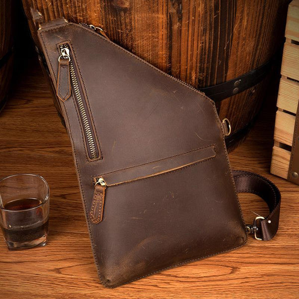 Cool Brown Leather Mens Sling Bag Crossbody Pack Messenger Bag Chest Bag for men - iwalletsmen