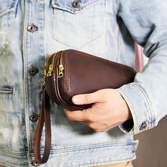 Vintage Leather Mens Clutch Cool Handmade Wallet Triple Zippers Clutch Wristlet Wallet for Men - iwalletsmen